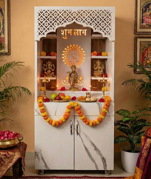 NITAYRA Home Temple Mandir for Pooja with LED Backlight, Drawer & Storage Cabinet Engineered Wood Home Temple