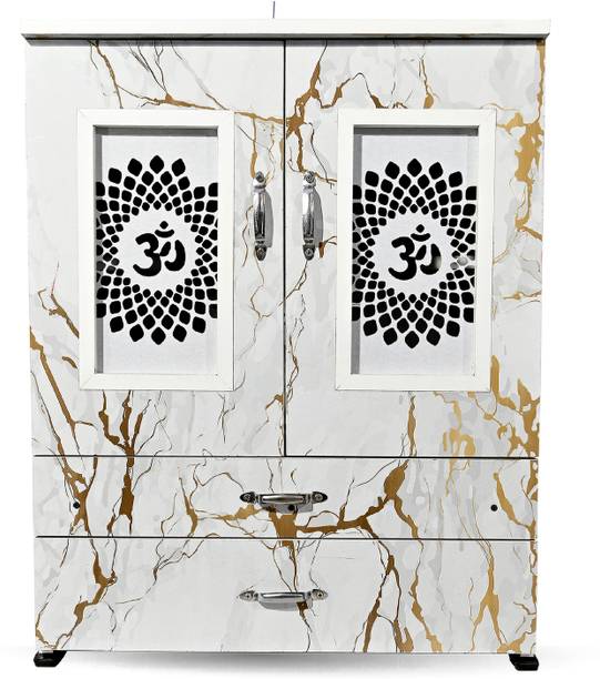 MARECARA WOODS “MARECARA Divine White Mandir – LED Light & Door | Marble Finish Engineered Wood Home Temple