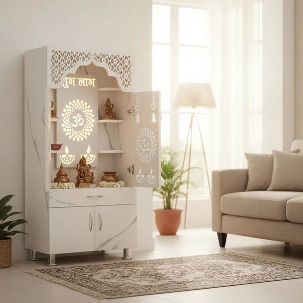 Shlok White Marble Wooden Temple with LED Light Engineered Wood Home Temple