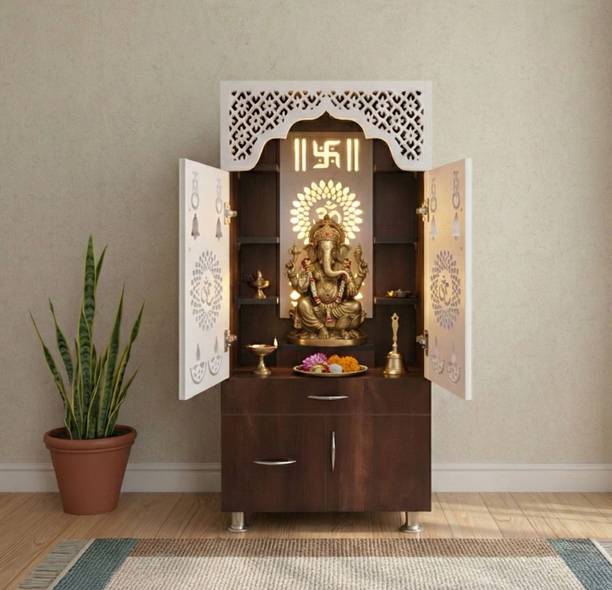 The Wooden Factory Floor Standing Brown Pooja Mandir with Storage Cabinet & LED Light Om Swastik Engineered Wood Home Temple