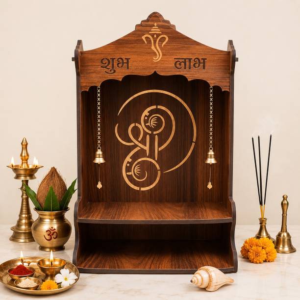 Vanshikaart Pooja Mandir for Home, Wooden Prayer Temple, Brown Color, Compact Size, 1 Pc Solid Wood Home Temple