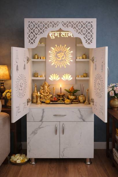 shivoja Designer Temple for Home/Pooja Mandir with Led Light and storage Engineered Wood Home Temple