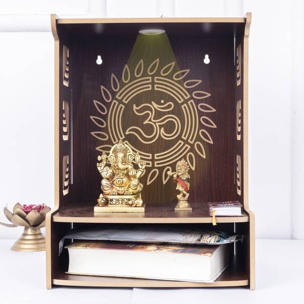 VINTAGECREATION Wooden Temple for Home with Om Design, LED Lights, Storage Shelf,Lattice Pattern Engineered Wood Home Temple
