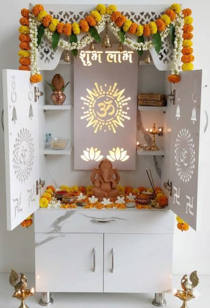 The Mandir Company Temple for home with Doors & Storage | White Marble Finish Engineered Wood Home Temple