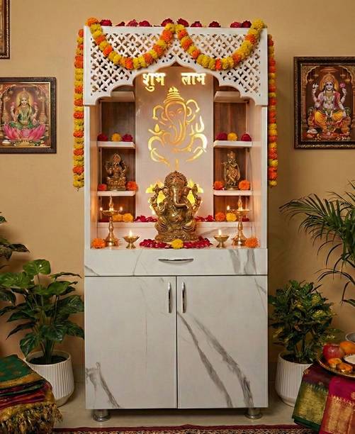 NITAYRA Wooden Mandir for Home with LED Light | Marble Finish Wooden Temple Cabinet Engineered Wood Home Temple