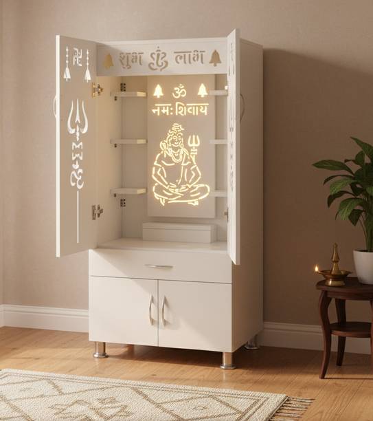 woodaari Modern White Pooja Mandir Cabinet with Backlit Lord Shiva Panel Engineered Wood Home Temple