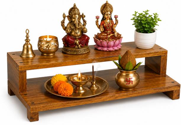 kamdhenu art and craft Wooden 2 Step Temple Stool for Mandir| Wooden Step Bajot Chowki for Temple Solid Wood Home Temple