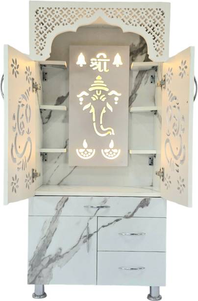 Green Crafts Marble White Design Wooden Mandir Temple With Decorative LED Light Engineered Wood Home Temple