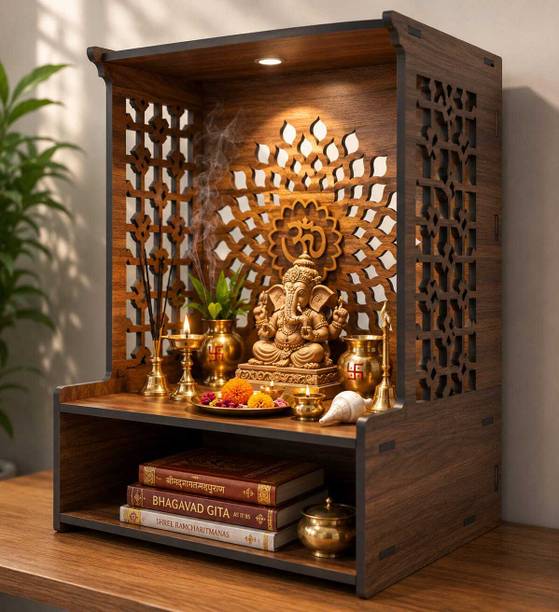 Gojeeva Engineered Wooden LED Temple Handcrafted Design Pooja Mandir for Home & Office Engineered Wood Home Temple