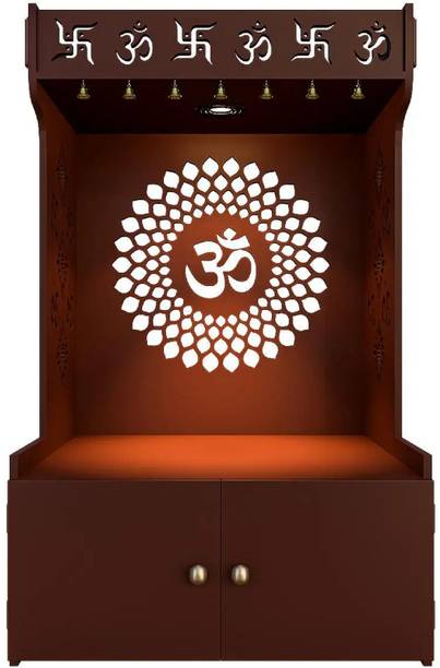 Homscape Om Chakra Floor Rested Wooden Temple - Spacious Shelf, Inbuilt Focus Light Brown Engineered Wood Home Temple