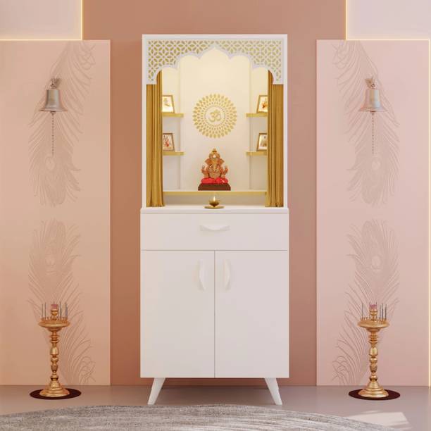 BLUEWUD Sharnam Pooja Mandir for Home with Storage Cabinet, Drawer & Decorative Jaali Engineered Wood Home Temple
