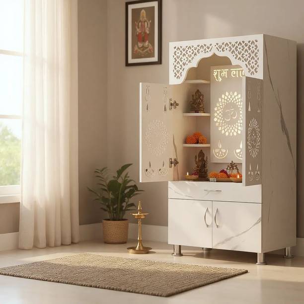 Shlok White Marble Wooden Temple with LED Light Engineered Wood Home Temple