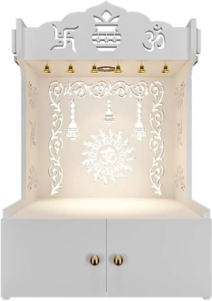 Homscape Premium Wall Temple with Inbuilt Focus Light Spacious Wooden Shelf White Solid Wood Home Temple