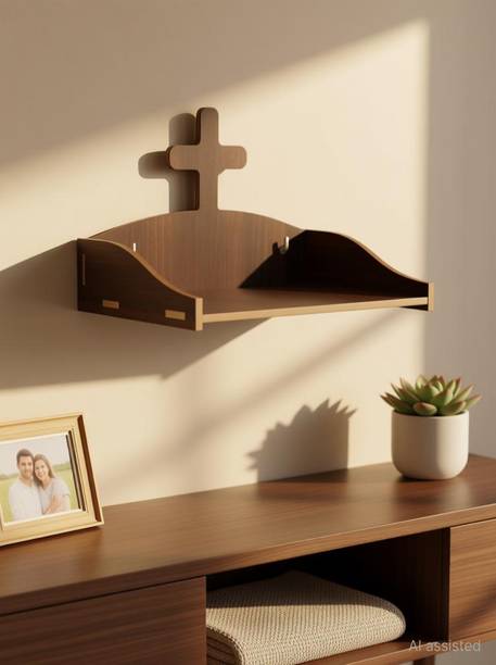 Laxmi Timber Store God Worship Prayer Jesus Cross Wooden Mini Temple Wooden Wall Shelf