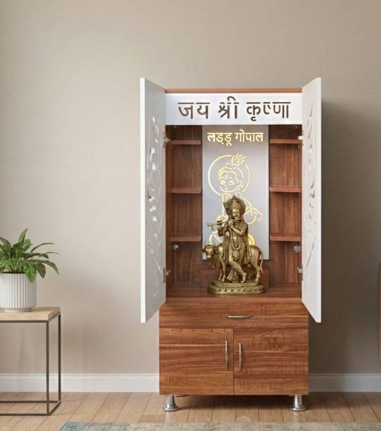 The Wooden Factory Wooden Floor Standing Home Temple with Storage | Laddu Gopal & Mor Pankh Design Engineered Wood Home Temple