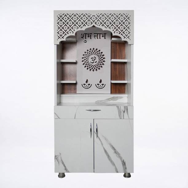 The Mandir Company White Marble Wooden Temple With Light Engineered Wood Home Temple Engineered Wood Home Temple