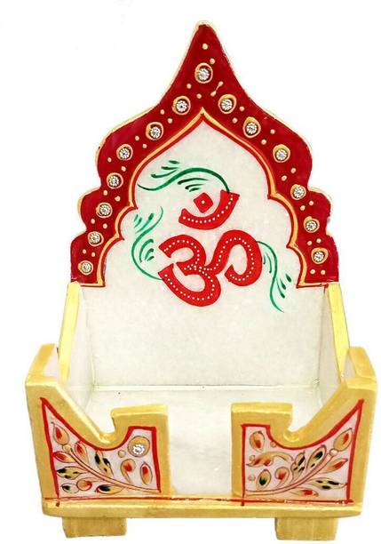 Salona Home Marble Singhasan for Placing Small God Idol, Om Printed Temple Mandir for Pooja, Stone Home Temple
