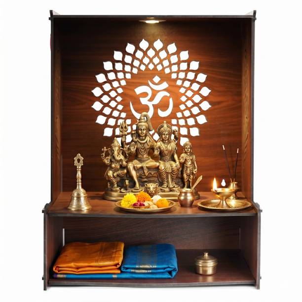 svaagat Wooden Mandir for Home Cutwork Design | Compact Pooja Temple with LED Light Engineered Wood Home Temple