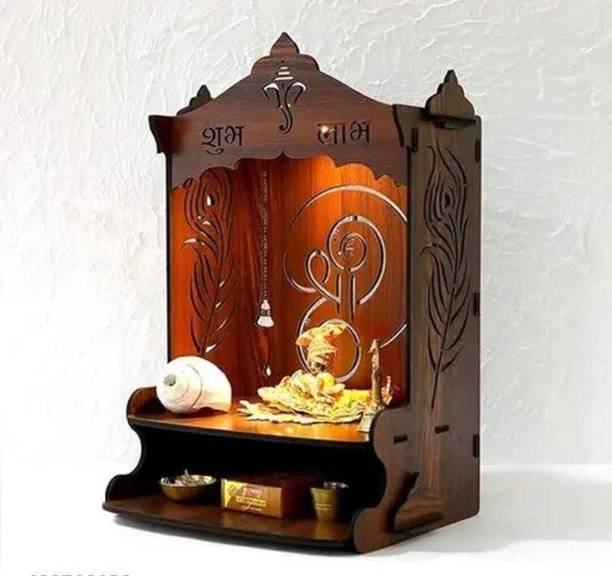 Quickmart Wooden Hindu Temple Altar with Om and Ganesha Carvings Solid Wood Home Temple