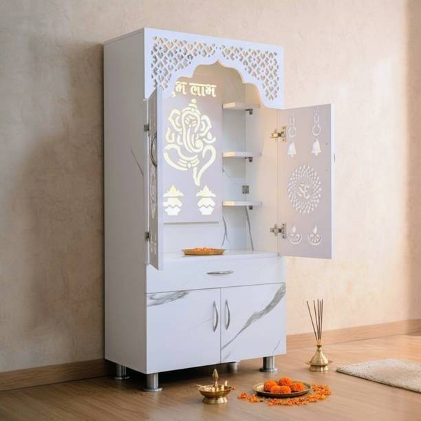 Old Wolf Furniture Ganesh Jali Wooden Temple With Storage & LED Backlight | Engineered Wood Home Temple