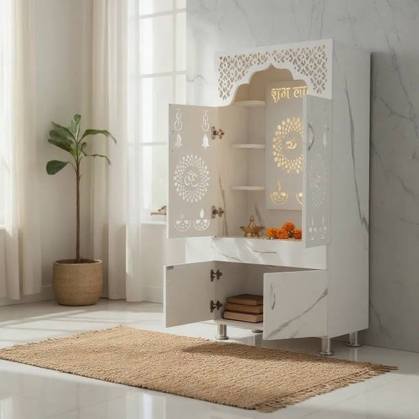 Shlok White Marble Wooden Temple with LED Light Engineered Wood Home Temple