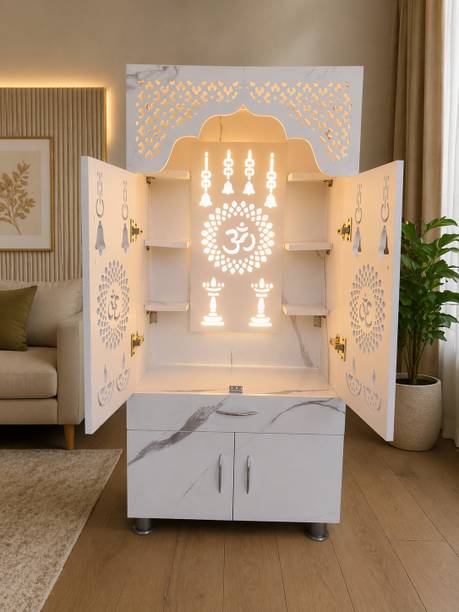 KANAKVEERA CRAFTS Modern Wooden Temple for Home | Marble Finish Pooja Mandir with Storage Engineered Wood Home Temple