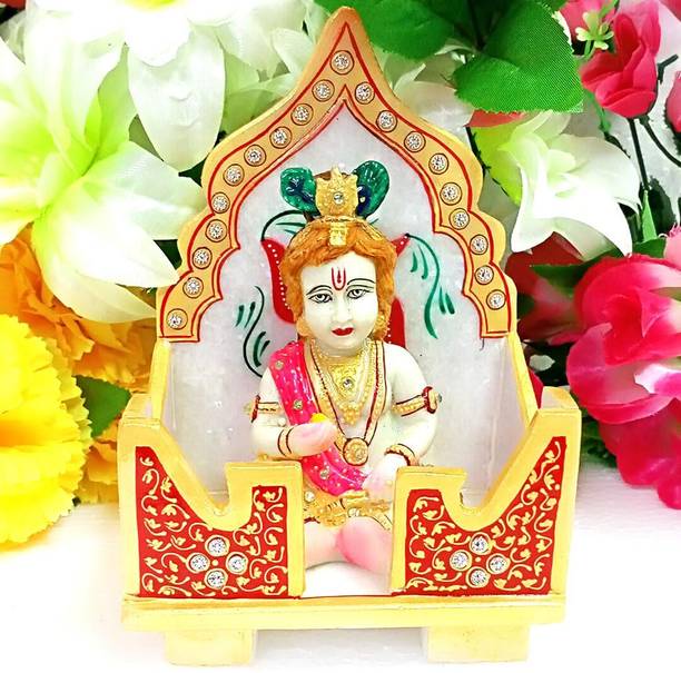 Salona Home Swastik Print Marble Singhasan for God with Laddu Gopal Idol, Pooja Room Temple Stone Home Temple