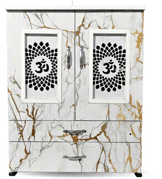 MARECARA WOODS “Divine White Mandir – LED Light & Door | Marble Finish Engineered Wood Home Temple