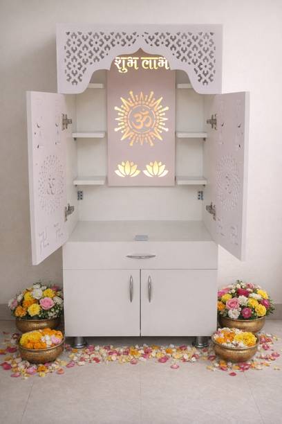 shivoja Designer Temple for Home/Pooja Mandir with Led Light and storage Engineered Wood Home Temple