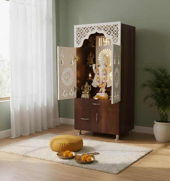 The Wooden Factory Pooja Mandir|LED Lighting|Storage Drawer & Cabinet|Swastika Design|Brown & White Engineered Wood Home Temple