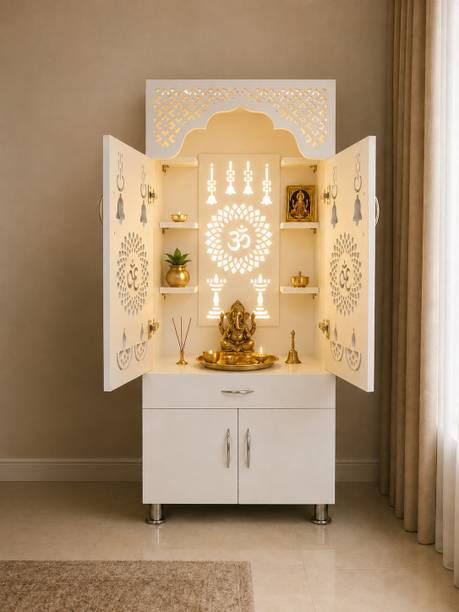 woodaari Large White Mandir|Home Temple|Prayer Unit with LED Light & Storage|CNC Design Engineered Wood Home Temple