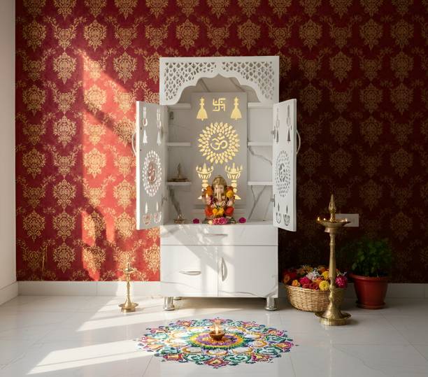 God Of Decor Premium White Marble Finish Wooden Temple|Pooja Mandir with LED Lights & Storage Engineered Wood Home Temple
