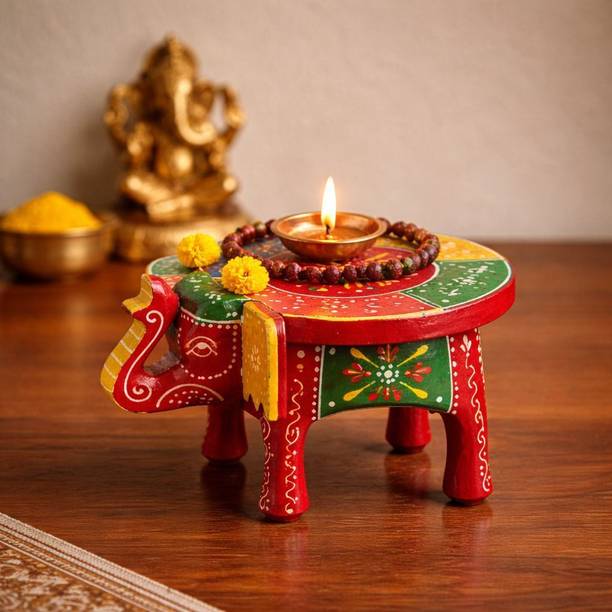 Bhavya ArtAndCraft Hand-Painted 4" Elephant Figurine for Temple or Home Decor Solid Wood Home Temple