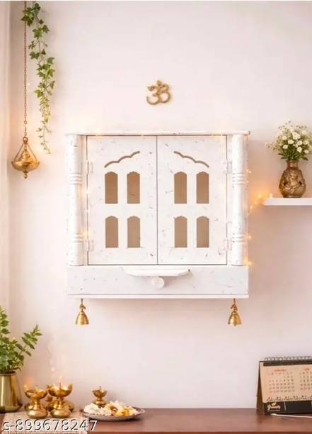 JAMWAIART Wooden Home Temple Marble Look | Mandir Wall Mounted | White | 16x16x8" Solid Wood Home Temple