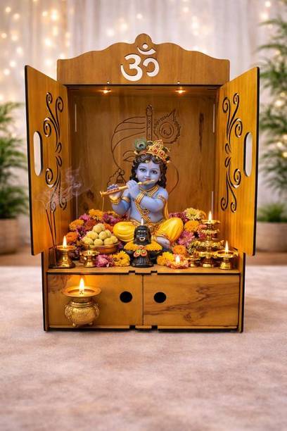Expro Floral Om Wooden Mandir with Artistic Back Panel Engineered Wood Home Temple