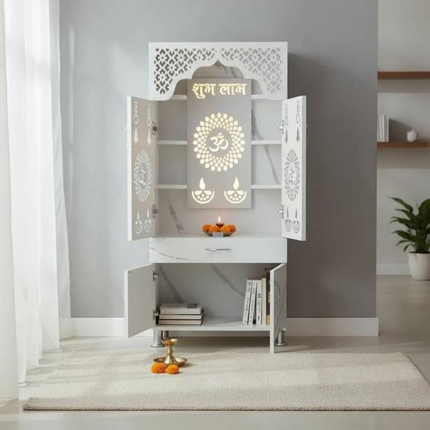 Shlok White Marble Wooden Temple with LED Light Engineered Wood Home Temple