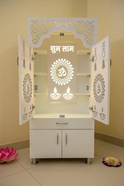 shivoja Designer Temple for Home/Pooja Mandir with Led Light and storage Engineered Wood Home Temple