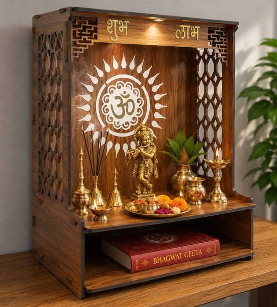 Foxit Wooden Home Temple for Pooja | Modern Designer Mandir| Brown Finish Engineered Wood Home Temple