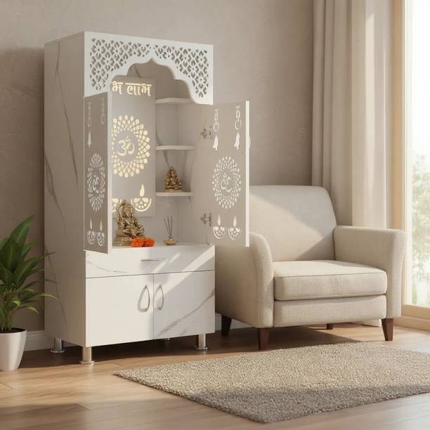 Shlok White Marble Wooden Temple with LED Light Engineered Wood Home Temple