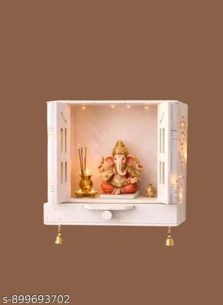 JAMWAIART Wooden Home Temple Marble Look | Mandir Wall Mounted | White | 16x16x8" Solid Wood Home Temple