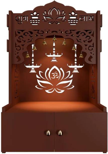 Homscape Premium Wall Temple With Inbuilt Focus Light Spacious Wooden Shelf Brown Solid Wood Home Temple