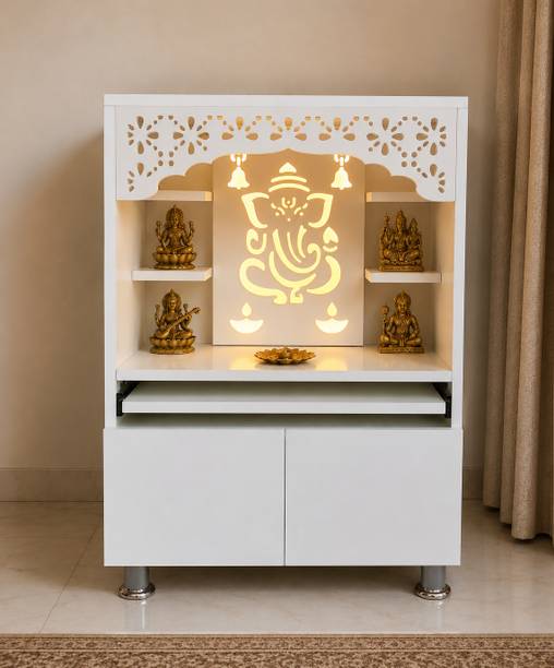 The Wooden Factory White Mandir LED Backlit Ganesha Design storage Cabinet & Pull-Out Prayer Tray Engineered Wood Home Temple