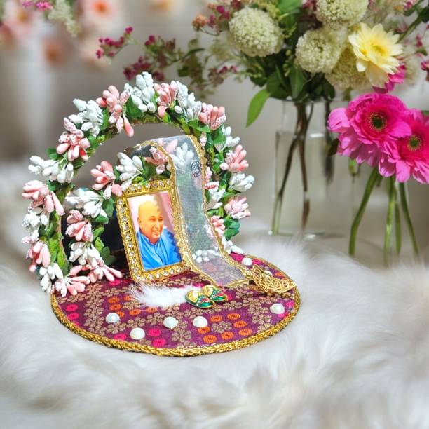 Tickle Cart Guruji Darbar- Guruji Singhasan with Swaroop & Charan Paduka | Premium Fabric Solid Wood Home Temple