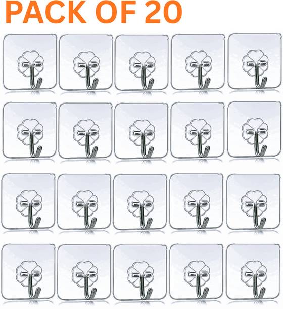Depoff Pack of 20 Self Adhesive Wall Hooks Heavy Duty Transparent Plastic Stick Hooks Hook 20