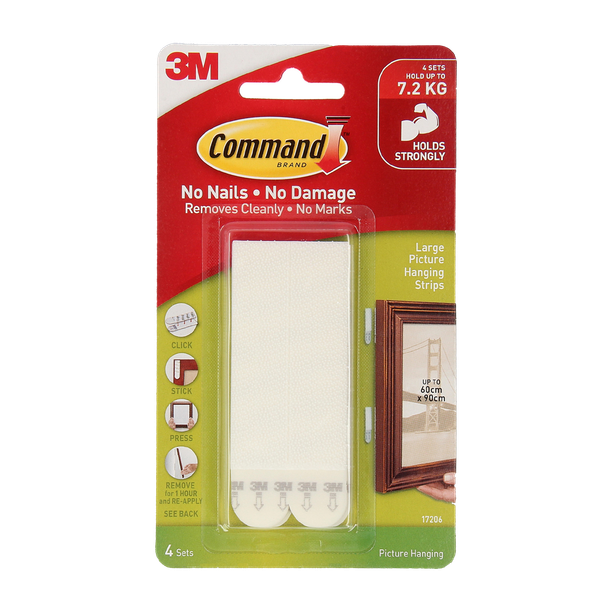 Command 3M Large Picture Hanging Strips, Holds upto 7.2kg, Self Adhesive, 4 Pairs Hook 1