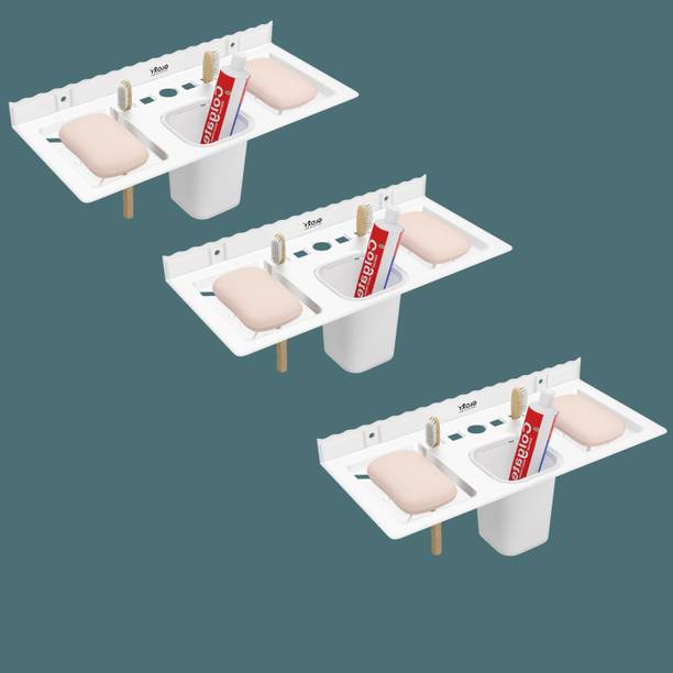 GLOXY 4 in 1 Acrylic Soap & Toothbrush Holder | Durable Bathroom Set – Pack of 3 Plastic Wall Mount Sideboard