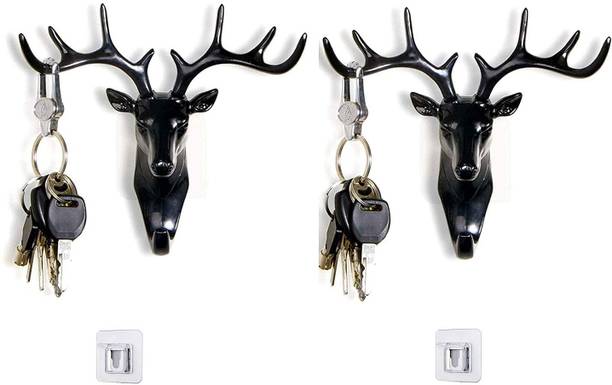 PRM Deer Head Hanging Hook, Self Adhesive Wall Door Hook Hanger Bag Keys Sticky Holder (Black, Pack of 2 Pcs) Plastic Key Holder