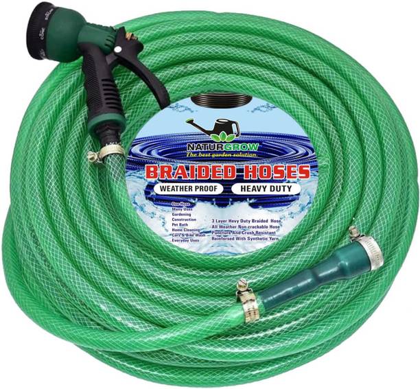 NATURGROW 10 Meter, 0.5 Inch, 3 Layer Braided PVC Garden Hose Pipe, Green | with 8 Mode Spray Gun, Tap Adapter, 3 Clamps, for Car Wash, Garden Watering Hose Pipe