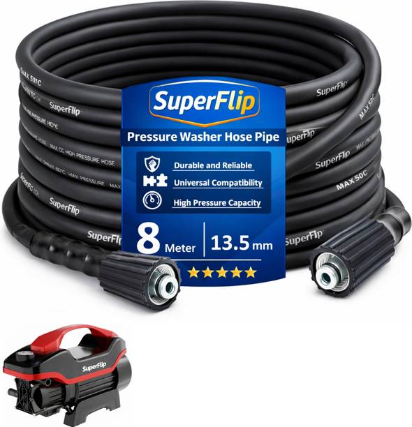 SuperFlip High Pressure Washer Hose Pipe 8Mtr | Heavy Duty Steel Braided Black Molded | Compatible with Car Wash & AC Service Machines Hose Pipe