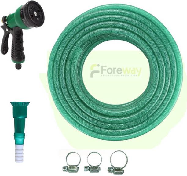 FOREWAY 3-Layer Braided Garden Pipe|15 meter| 0.5 Inch with 8-Way Spray Gun & 3 Clamps Heavy Duty 3-Layer Braided Gard Hose Pipe